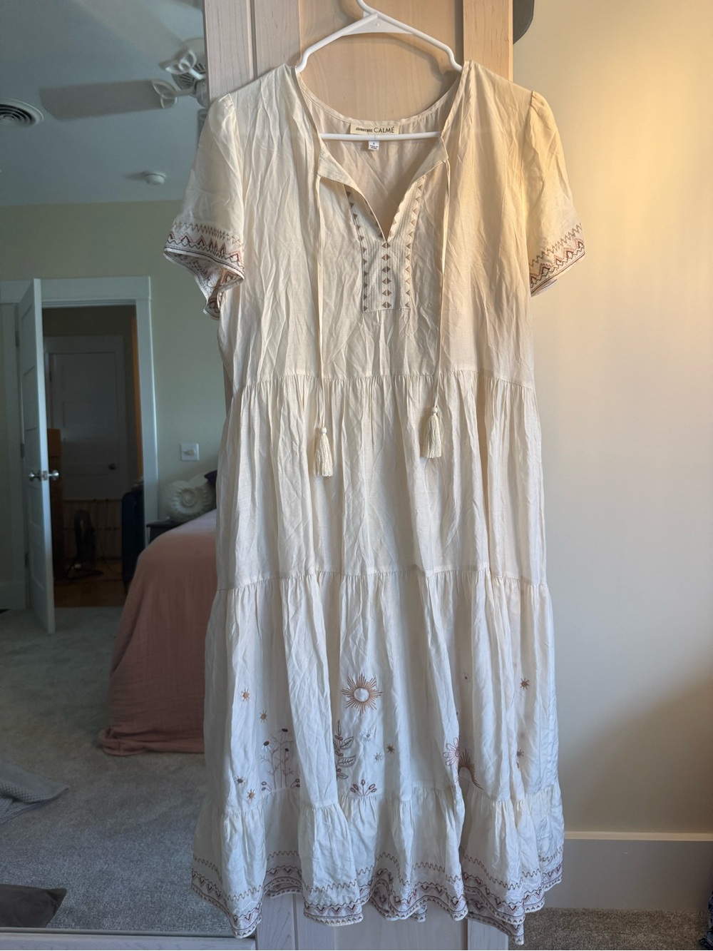 Johnny Was Cream Embroidered Tiered Midi Dress